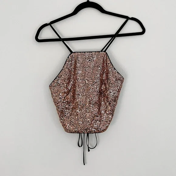 Lulu’s | Mood to Move Bronze Sequin Lace-Up Two-Piece Mini Skirt Matching Set - Picture 8 of 13